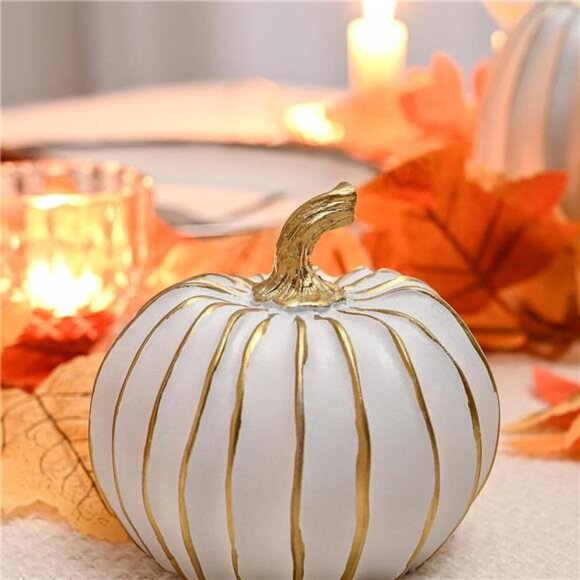 Fall Pumpkin Decor White Gold 2 PCS Resin Thanksgiving Harvest Table Centerpiece - Picture 4 of 7